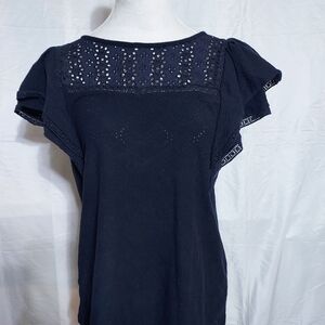 LOFT Navy Blouse with Eyelet Accents
